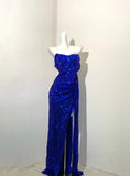 Blue Fashion Sparkling Elegant Spaghetti Straps Floor Length Sexy Slit Sequin Ball Gown Evening Gown Party Dress Prom Gown HZ1023