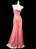 Pink shiny simple fashion elegant sweetheart neckline one shoulder long velvet sequined tulle floor-length trailing ball gown evening dress prom dress HZ1023
