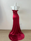 Red shiny fashion elegant long floor-length trailing satin sexy slit ball gown evening dress party dress prom dress HZ1023