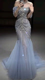 Blue gorgeous shiny beautiful off-shoulder exquisite beading long tulle mermaid slim fishtail skirt ball gown formal evening gown wedding dress HZ1023