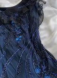 Navy Blue Gorgeous Exquisite Fashion Beaded Charming Long Tulle Elegant Ball Gown Evening Dress Party Dress HZ1023