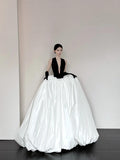 Black and white fashionable and elegant V-neck long satin A-line floor-length ball gown evening dress prom dress HZ1023