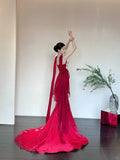 Red Elegant Delicate Floral Fashion Elegant Long Satin Tulle Mermaid Slim Fit Floor Length Trailing Ball Gown Evening Gown Prom Gown HZ1023