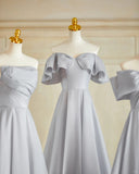 Silver Gray Elegant Fashion Long Satin Ball Gown Evening Dress Party Dress Bridesmaid Dresses Prom Dress HZ1023