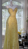 Yellow Gorgeous Exquisite Beaded Backless Spaghetti Strap Long Chiffon Ball Gown Evening Dress Birthday/Holiday Party Dress Prom Dress HZ1023
