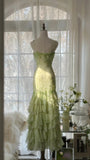 Green Romantic Fashion Elegant Exquisite Beaded Spaghetti Straps Tassel Long Tulle Chiffon Ruffle Ball Gown Evening Gown Party Dress HZ1023