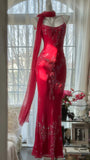 Red Romantic Gorgeous Fashion Elegant Exquisite Beaded Long Chiffon Ball Gown Evening Dress Birthday/Wedding Guest/Vacation Party Dress Prom Dress Valentine's Day Date Dress HZ1023