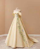 Yellow gorgeous exquisite floral long satin formal custom made ball gown evening dress HZ1023