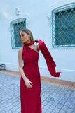 Red Lace-up Simple Long Satin Elegant Ball Gown Evening Dress Wedding Guest Dress HZ1023