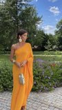 Orange one shoulder stylish elegant long chiffon ball gown evening dress wedding guest party dress HZ1023