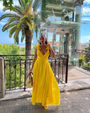 Yellow V-neck stylish elegant long chiffon ball gown evening dress party dress HZ1023