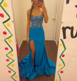 Blue spaghetti strap gorgeous exquisite beaded bodycon long satin high slit ball gown evening dress HZ1023