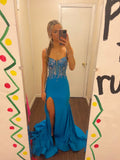 Blue spaghetti strap gorgeous exquisite beaded bodycon long satin high slit ball gown evening dress HZ1023