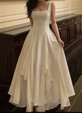 White solid color fashion elegant A-line square neck ball gown ankle length long chiffon evening gown party dress gh2737 HZ1023