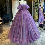 Purple shiny sequins heart-shaped neck long tulle ball gown evening dress adult ceremony dress HZ1023