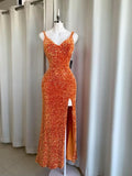 Orange shiny fashion long sequin sexy slit prom dress evening gown party dress HZ1023