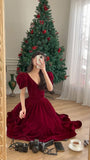 Burgundy Velvet V Neck Short Puff Sleeve Beaded A-Line Long Floor Length Ball Gown Evening Dress Christmas Party Dress HZ1023