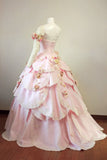 Pink Gorgeous Vintage Fashion Elegant Exquisite Floral Applique Long Lace Satin Ball Gown Evening Dress Party Dress Wedding Dress HZ1023