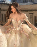 Champagne color gorgeous off shoulder exquisite lace floral applique long elegant ball gown formal evening dress prom dress HZ1023