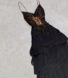 Black vintage fashion beaded spaghetti strap long chiffon formal prom dress, evening dress, party dress HZ1023