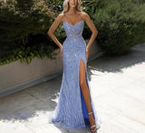 Blue fashion shiny off-shoulder sequins elegant tight long slit ball gown evening dress HZ1023