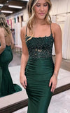 Dark green shiny glamorous mermaid slim round neck long satin prom dress evening gown party dress with beading HZ1023