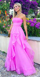 Light pink A-line off-shoulder long ruffled elegant tulle ball gown evening dress HZ1023