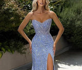 Blue fashion shiny off-shoulder sequins elegant tight long slit ball gown evening dress HZ1023