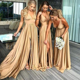 Gold V Neck Long Bridesmaid Dress with Slit HZ1023