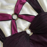 Purple Shiny Elegant Fashion Gradient Strap Long Tulle Ball Gown Evening Dress HZ1023