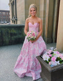 Pink Sweet Heart Neck Beautiful Floral Long Satin Ball Gown Evening Dress Party Dress HZ1023