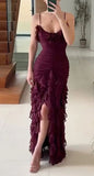 Purple Elegant Sexy Spaghetti Strap Ankle Length Chiffon Ruffle prom Evening Dress Party Dress HZ1023