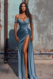 Dusty Blue Off-the-Shoulder Mermaid Prom Dress With Slit HZ1023