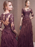 Gray purple elegant long sleeve lace long tulle ball gown evening dress HZ1023