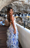 Blue Charming Floral A-Line Spaghetti Strap Long Ball Gown Party Dress Evening Gown HZ1023