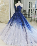 Blue Shiny Elegant V-Neck Applique Gradient Long Ball Gown Prom Dress Evening Dress Adult Ceremony Dress HZ1023