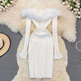 Black/white/gray autumn and winter fashion new sexy off-shoulder fashion fur collar slim hip knitted dress HZ1023