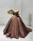 Brown Gorgeous Exquisite Beaded Elegant Long satin Ball Gown Evening Dress HZ1023