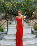 Red Maxi Prom Dress With Frill Detail Backless Party Dress HZ1023