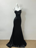 Black/Champagne Simple Fashion Elegant Spaghetti Strap Long Satin Floor Length Ball Gown Evening Gown Prom Dress HZ1023