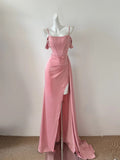 Pink Sweet Fashion Elegant Long Floor Length Satin Sexy Slit Ball Gown Evening Dress Party Dress Prom Dress HZ1023