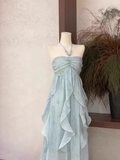 Blue halter back fashionable and elegant chiffon flowing ruffled long skirt HZ1023