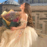 Champagne color gorgeous off shoulder exquisite lace floral applique long elegant ball gown formal evening dress prom dress HZ1023