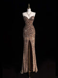 Brown Gold sequins shiny gorgeous elegant beautiful spaghetti straps long sexy slit sequins floor-length ball gown evening dress HZ1023