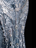 ???Silver Blue Luxurious Heavy Industry Sparkling Gorgeous Elegant Exquisite Beading Stunning Long Mermaid Dress Sequin Floor Length Trailing Prom Dress Evening Dress Wedding Dress HZ1023