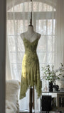 Green Romantic Fashion Elegant Delicate Floral Appliqu¨¦ Beaded Spaghetti Straps Midi/Short Chiffon Ruffle Ball Gown Evening Gown Party Gown HZ1023