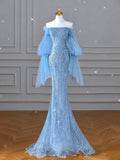 Blue luxurious gorgeous shiny exquisite beads elegant long sequined tulle long sleeve mermaid slim ball gown evening dress HZ1023