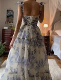 Blue white beautiful charming floral print sweetheart neckline A-line long chiffon ball gown evening dress wedding holiday party dress HZ1023