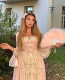 Pink Retro Sweet Fashion Exquisite Lace Square Neck Long Prom Dress Evening Dress Garden Party Dress HZ1023