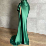 Green luxury gorgeous beaded gown long elegant satin sexy slit prom dress evening gown party dress HZ1023